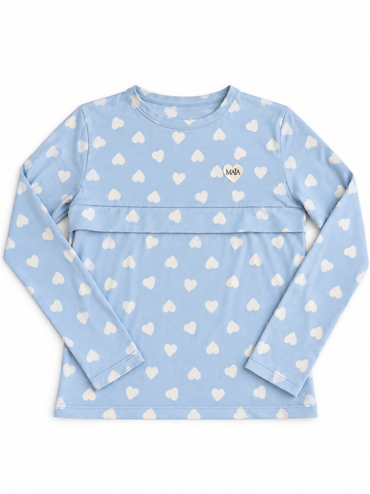 T-shirt d’allaitement | Haut de pyjama MAÏA cœurs 🩵 PRÉCOMMANDE